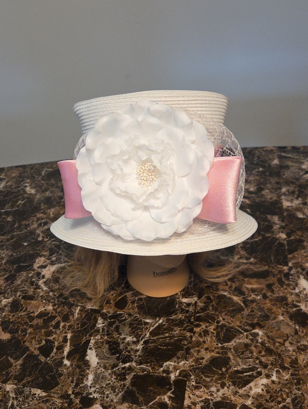 White Ladies Hat with Pink Ribbon and Large White Flower From High End Boutique